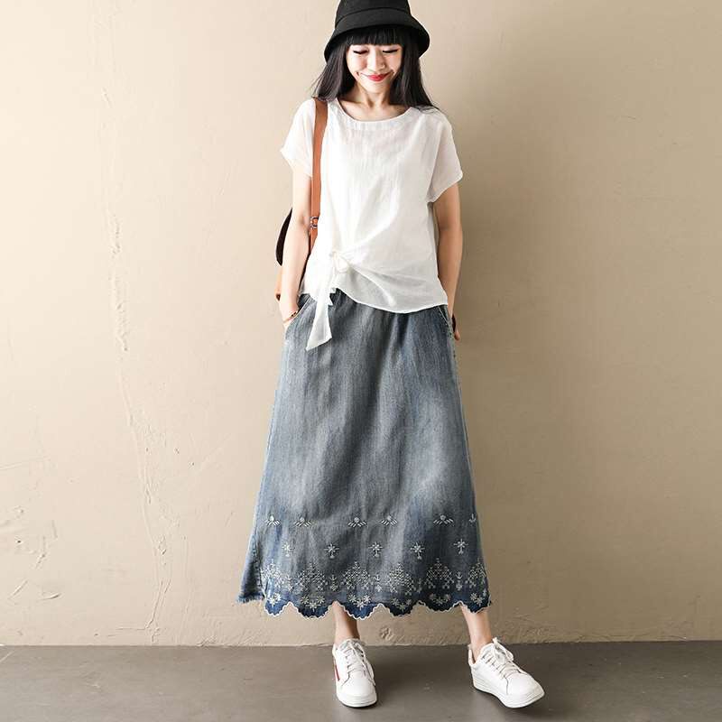 牛仔半身裙女2019新春夏高腰松紧A字伞裙薄软大摆中长款长裙子在类目 女装/女士精品, 半身裙中 - 来自Buy2taobao.com提供专业的淘宝代购服务