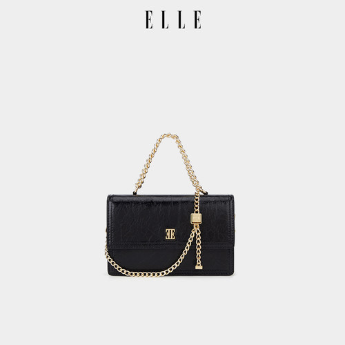 ELLE黑色链条翻盖斜挎小方包百搭