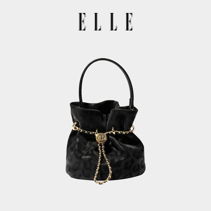 ELLE豹纹牛皮链条通勤手提包