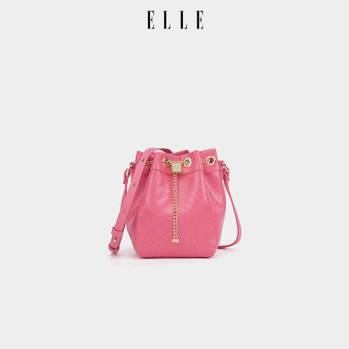 ELLE女包油蜡牛皮斜挎链条水桶包