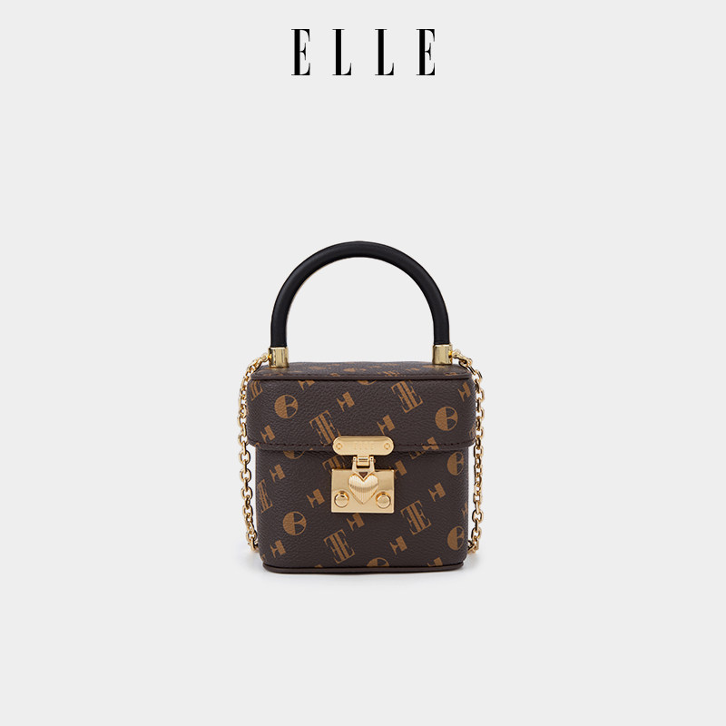 ELLE女包新款包包复古老花手提盒子包女钥匙包精致金属锁扣链条包