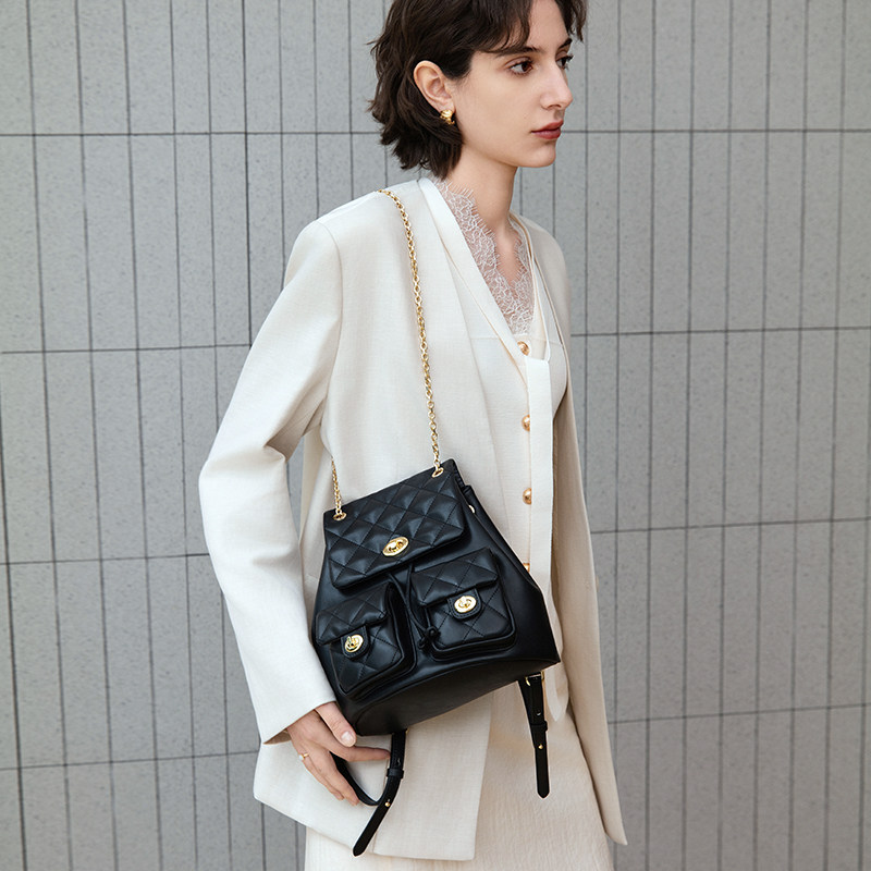 ELLE女包2026新款包包小香风菱格链条双肩包轻奢学生百搭好看