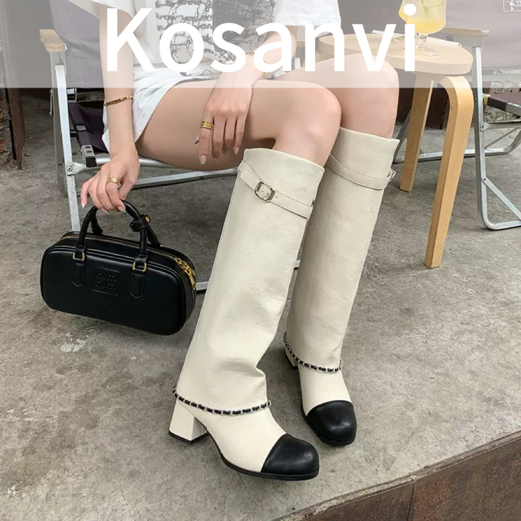 Kosanvi新款小香风长筒靴女秋冬季粗跟链条装饰显瘦小个子骑士靴