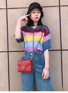 鸟2022夏季女拼色宽松短袖A2EE82120系带连帽彩条线衫A2EE82120A0