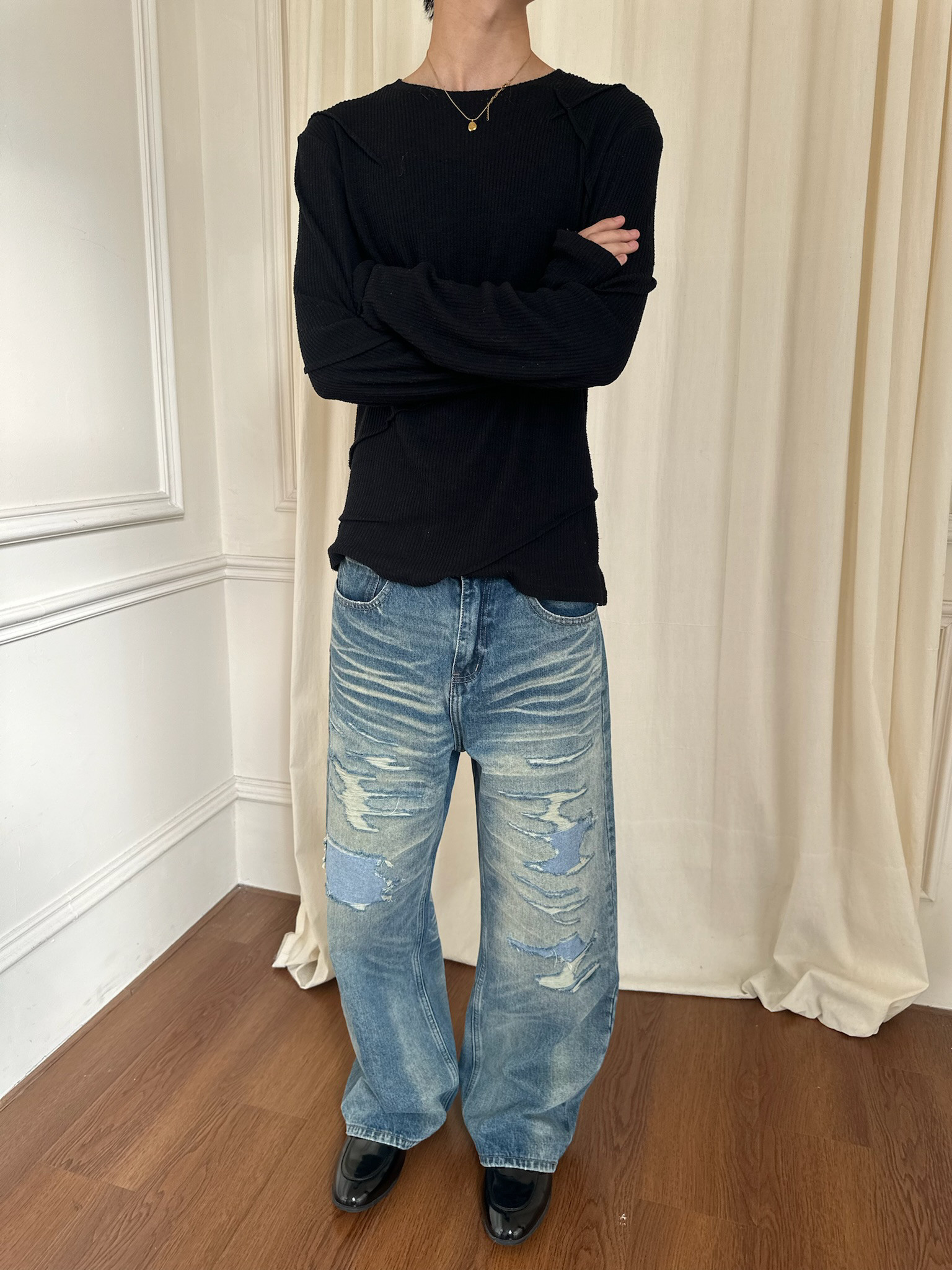 YewPout复古做旧猫须水洗街头破坏补丁贴布501直筒宽松牛仔裤,男装,牛仔裤,淘宝优惠券,粉丝福利购,淘宝优惠卷