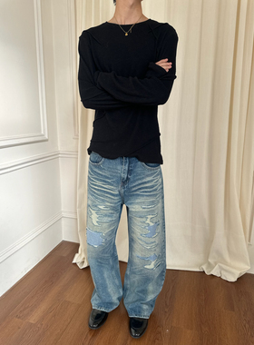 YewPout复古做旧猫须水洗街头破坏补丁贴布501直筒宽松牛仔裤