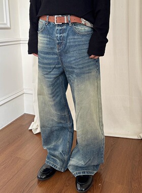 YewPout牛王系列 A字阔腿深蓝猫须复古水洗做旧直筒微弯刀牛仔裤