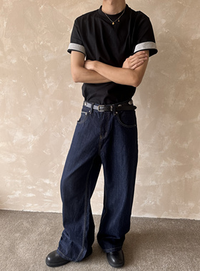 YewPout自主原创拼接纯色圆领短袖美式高街复古cleanfit纯棉