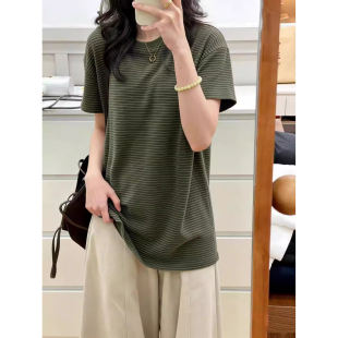 新款 胖MM大码 T恤女夏季 绿色条纹短袖 气质休闲百搭上衣潮 300斤美式