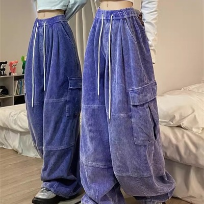 大码胖mm300斤美式加厚灯芯绒工装裤女秋冬宽松显瘦休闲阔腿长裤2