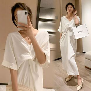 大码300斤扭结过膝短袖T恤裙女夏季新款胖MM宽松遮肚子显瘦连衣裙