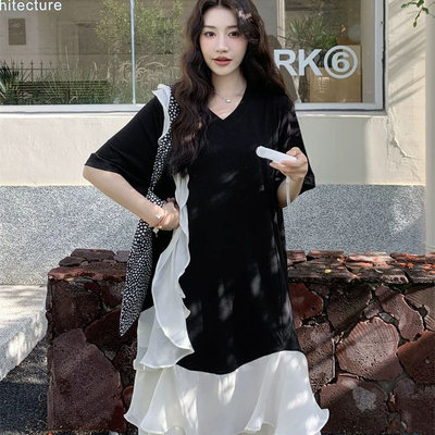 大码300斤韩系拼接荷叶边连衣裙女夏新款胖MM宽松独特绝美中长裙2