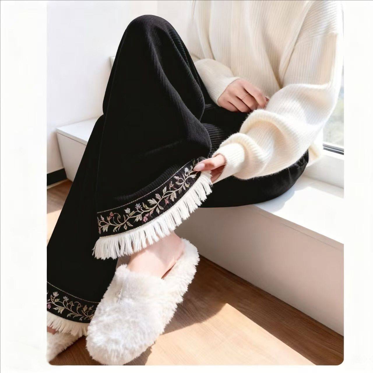 大码300斤新中式国风加绒长裤女秋冬新款胖mm宽松流苏刺绣阔腿裤2,女装/女士精品,休闲裤,淘宝优惠券,粉丝福利购,淘宝优惠卷