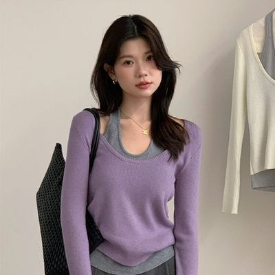 大码300斤时尚假两件显瘦挂脖长袖T恤女秋冬胖MM休闲打底衫上衣潮