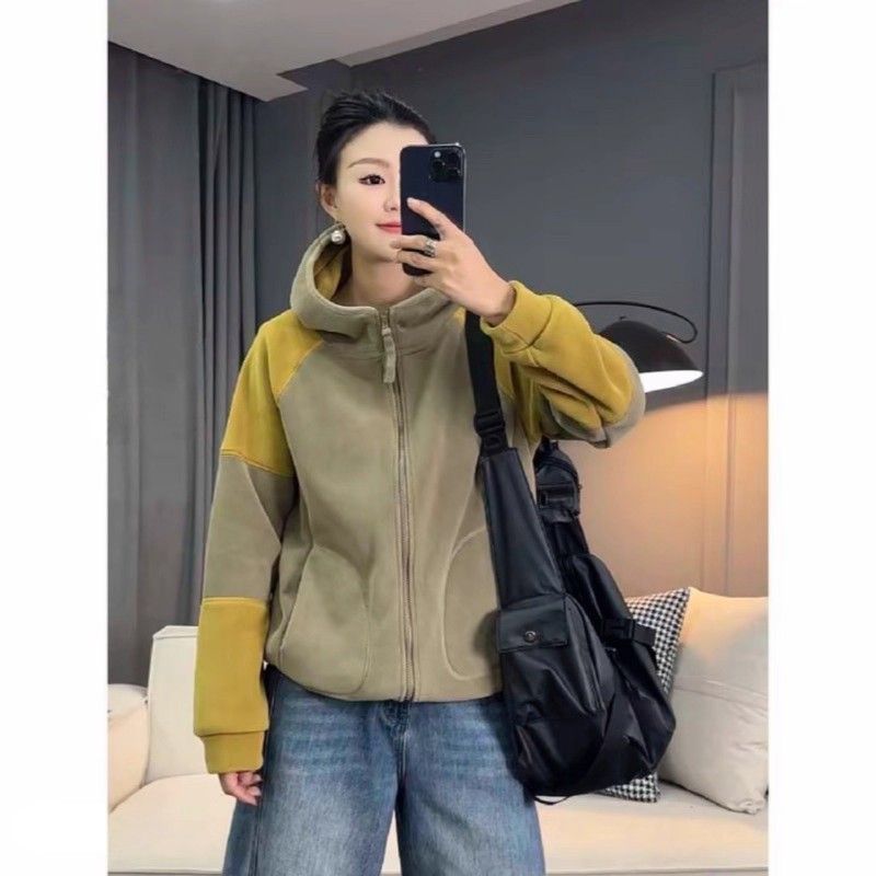 时尚休闲长袖连帽上衣女大码300斤胖MM秋冬韩版撞色摇粒绒外套潮2