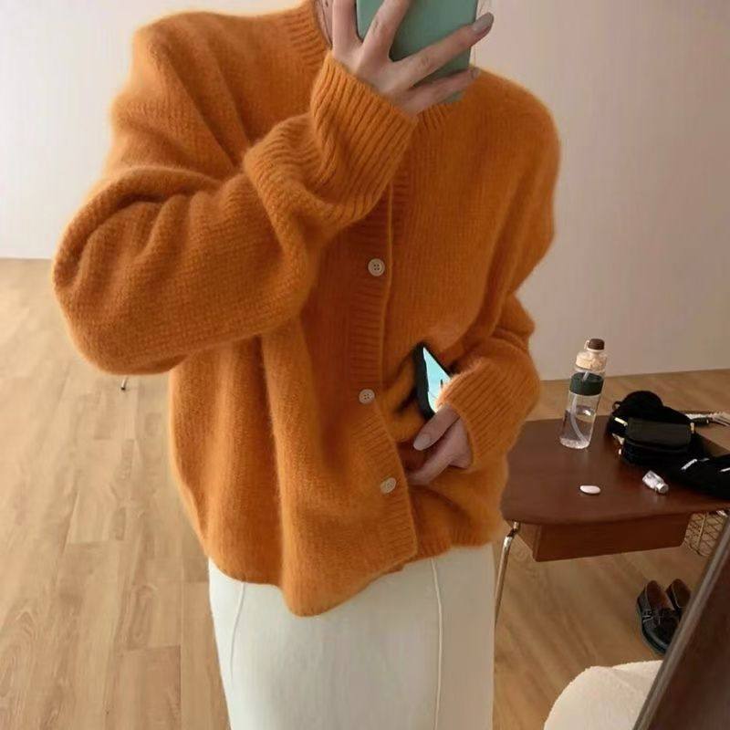 大码300斤胖mm浣熊绒南瓜橘色针织开衫女秋冬高级软糯毛衣外套潮2