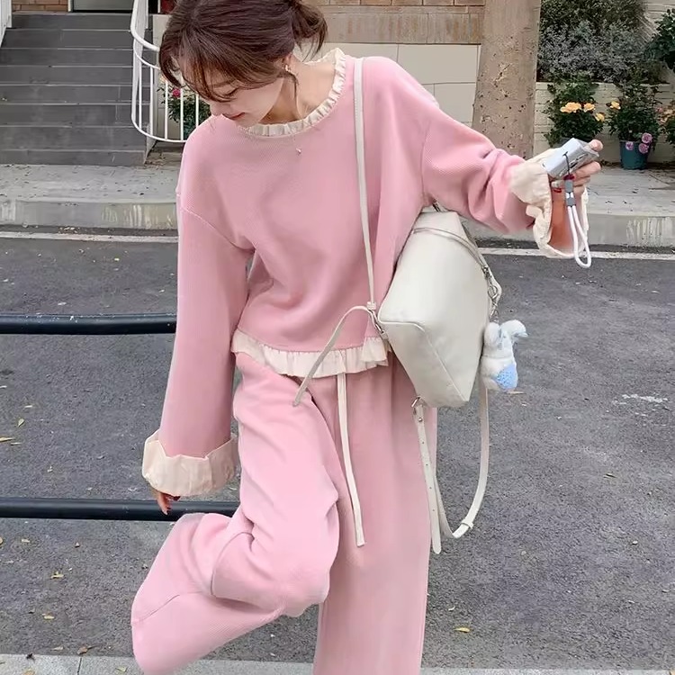 大码300斤木耳边卫衣+阔腿裤套装女秋季新款胖MM温柔减龄两件套潮