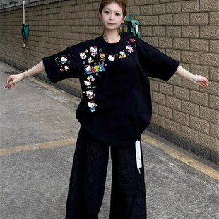 大码300斤kitty猫小众黑色短袖t恤女夏季薄款胖mm设计感可爱上衣