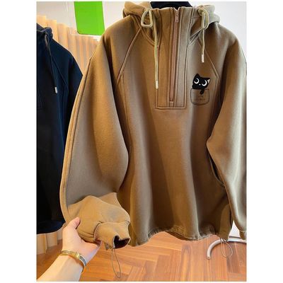 时尚设计感半拉链连帽卫衣女大码300斤胖MM秋冬宽松休闲长袖上衣2