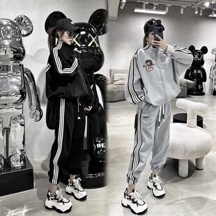 高腰长裤 欧洲站三条杠套装 外套 300斤胖MM春秋长袖 两件套潮 女大码