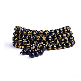 天然黑曜石手链六字真言男女款108颗佛珠 烫金黑曜石情侣款手串
