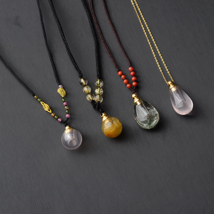 天然粉晶 绿幽灵 金发晶香薰瓶项坠可加精油或香水 生日礼物礼品