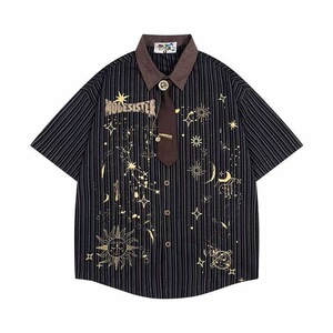 大码300斤撞色领带短袖衬衫男女装夏季美式潮牌宽松条纹情侣衬衣2