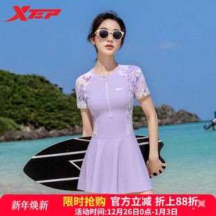 运动游泳装 特步泡温泉泳衣女款 保守遮肉显瘦大码 连体裙式 2025新款