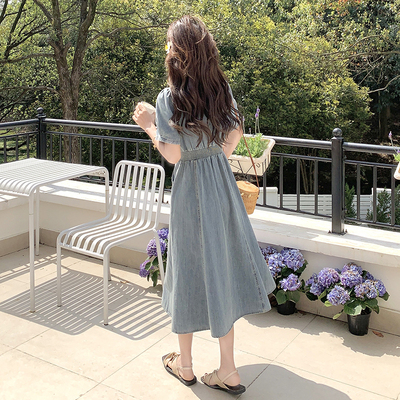 瑞纺1D091-8445-P145 K198   鱼尾摆方领泡泡袖牛仔连衣裙