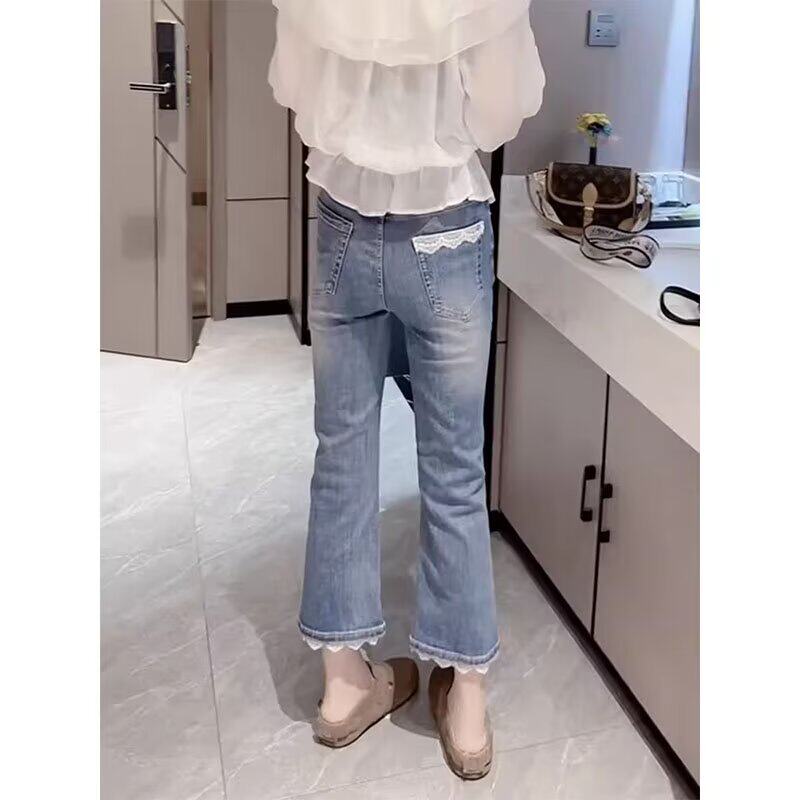 夏季新款高腰弹力牛仔裤女蕾丝拼接九分微喇裤薄款显瘦喇叭裤子