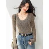 显瘦气质打底上衣慵懒风 女早秋修身 实拍韩系u领花咖色长袖 针织衫