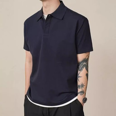 时尚新款潮流简约纯色假两件POLO衫休闲高级翻领高品质时尚短袖