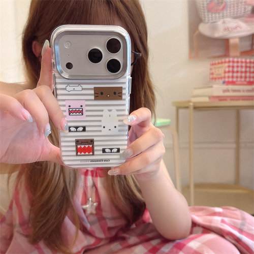 ins韩系条纹古早多摩君卡通适用苹果17promax女款iPhone16创意18pm高级感15Pro全包防摔保护套