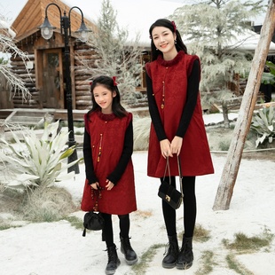 高级亲子装母女装新中式旗袍唐装国风红色连衣裙母女冬装马甲加厚