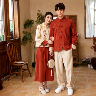 高端唐装情侣装汉服男装新中式男士女装套装订婚结婚照冬装演出服
