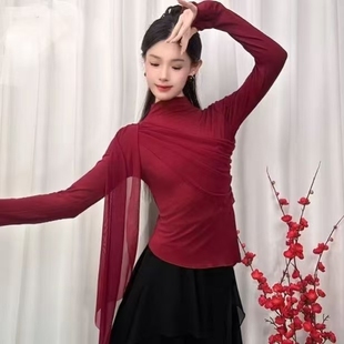 2025新款小高领舞蹈服飘逸现代古典舞上衣修身飘纱形体舞蹈服上衣
