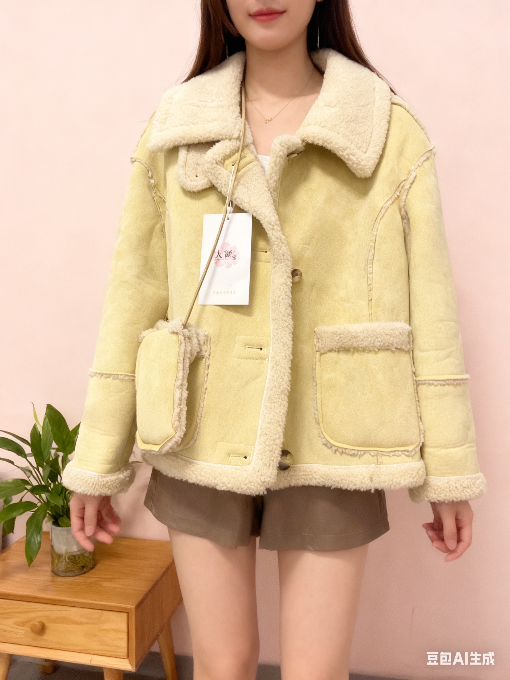 0001感蓝灰色短款翻领带包包皮毛一体外套女秋冬超好看麂皮绒夹克