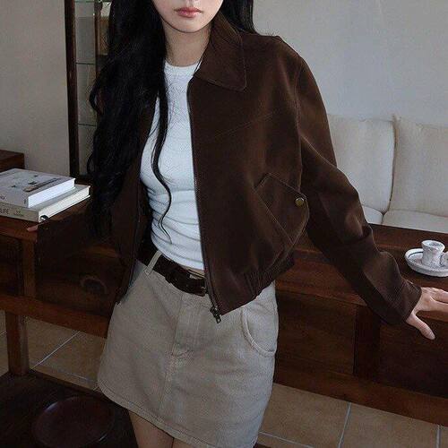 春秋法式复古翻领短款夹克女