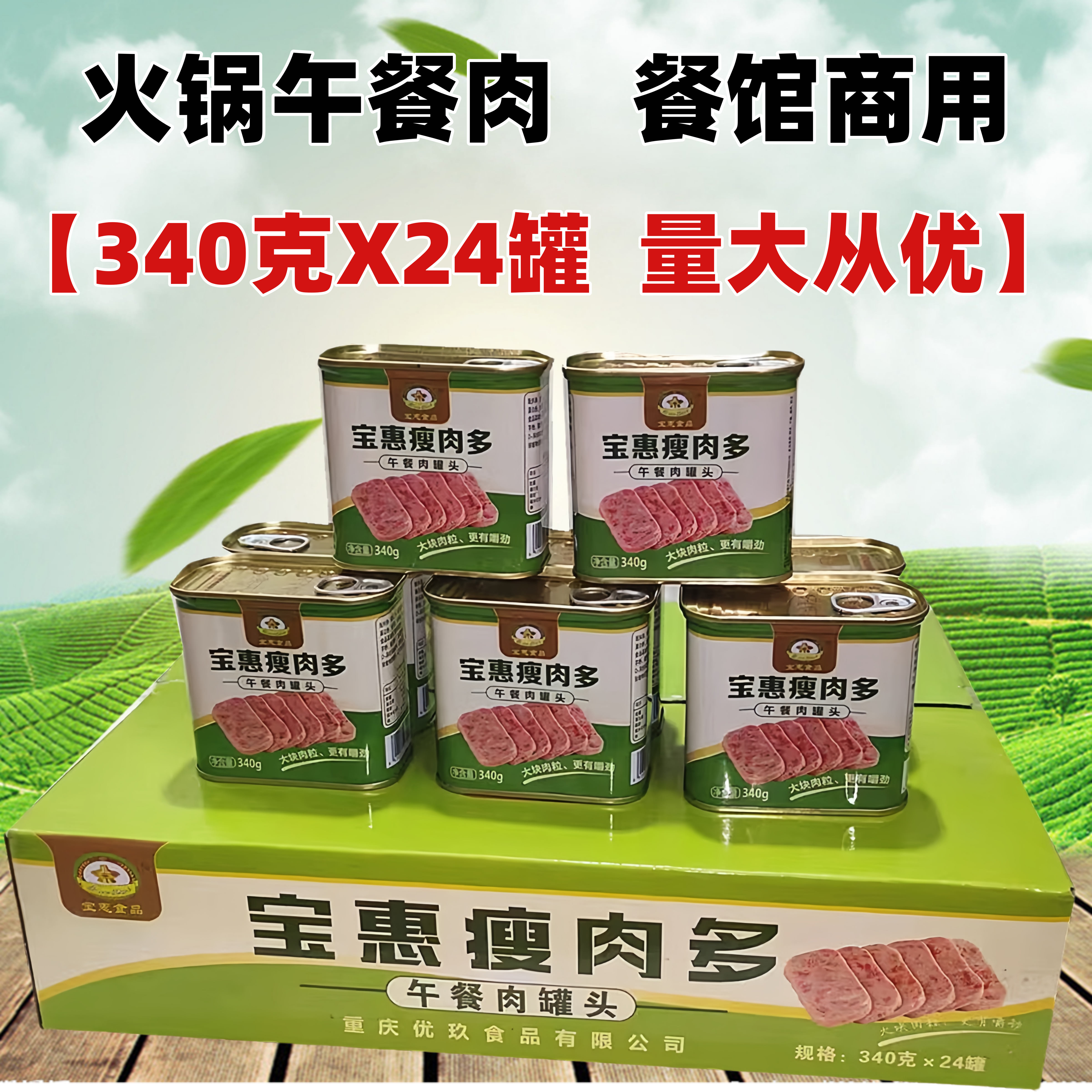 重庆宝惠火锅午餐肉罐头340gX24听整箱瘦肉多罐头速食麻辣烫商用