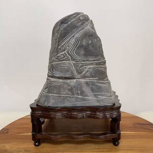天然济源钟鼎纹石摆件 高脚黑檀木底座 书桌办公桌客厅玄关靠山石