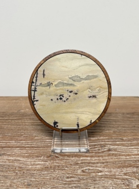 荷塘 广西国画石摆件 天然石头镶嵌原木 壶承杯垫 小屏风书桌摆件