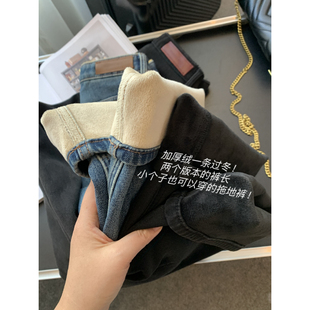 拖地褲 兩種長度 加絨松緊豹紋腰顯瘦直筒牛仔褲 女闊腿窄版 子 長褲