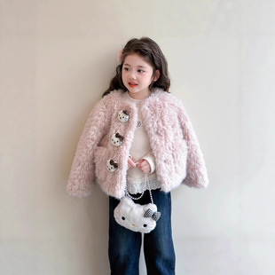 女童卡通猫毛毛衣外套秋冬2025新款儿童夹棉加厚上衣女宝宝超好看