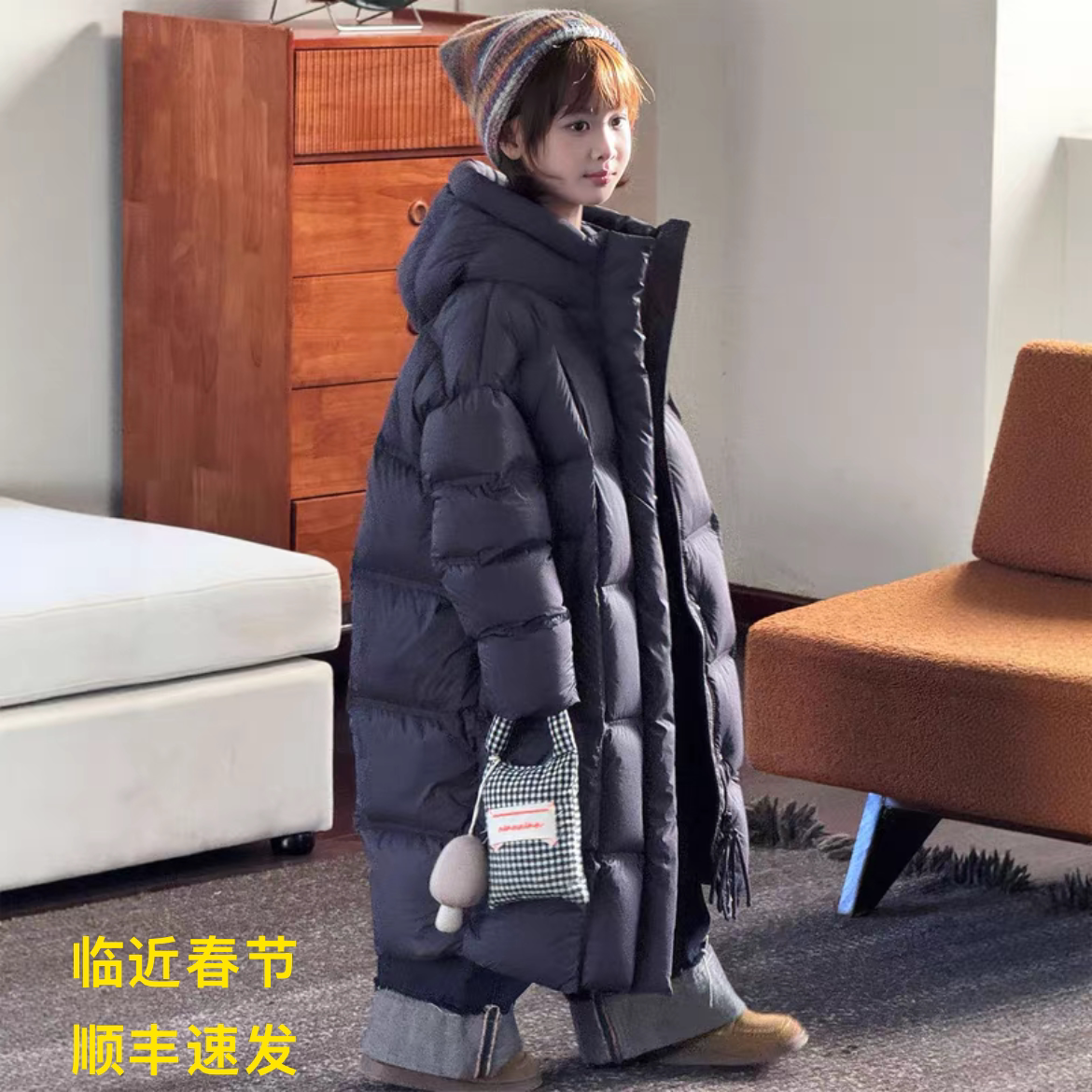 韩国儿童长款加厚羽绒服2025新款男女童90绒过膝连帽洋气大童外套