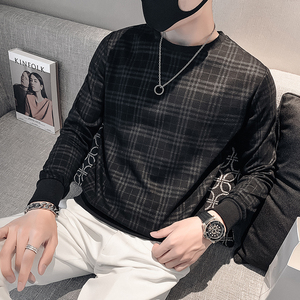 黑色2023秋装社会小伙修身格子圆领卫衣男潮W055-P48 控价68图片