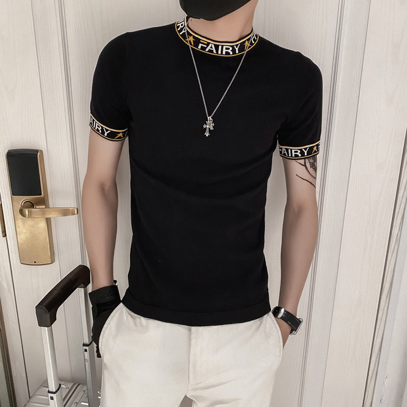 黑色2021精神小伙修身男式针织短袖T恤 社会tee T156-P50控68图片