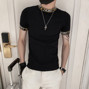 黑色2021精神小伙修身男式针织短袖T恤 社会tee T156-P50控68图片