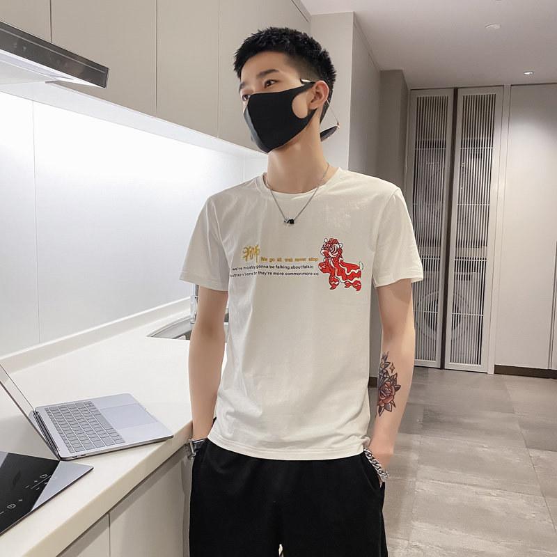 白色2021店主风精神小伙修身男式印花短袖T恤社会t T059-P38控58图片