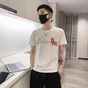 白色2021店主风精神小伙修身男式印花短袖T恤社会t T059-P38控58图片