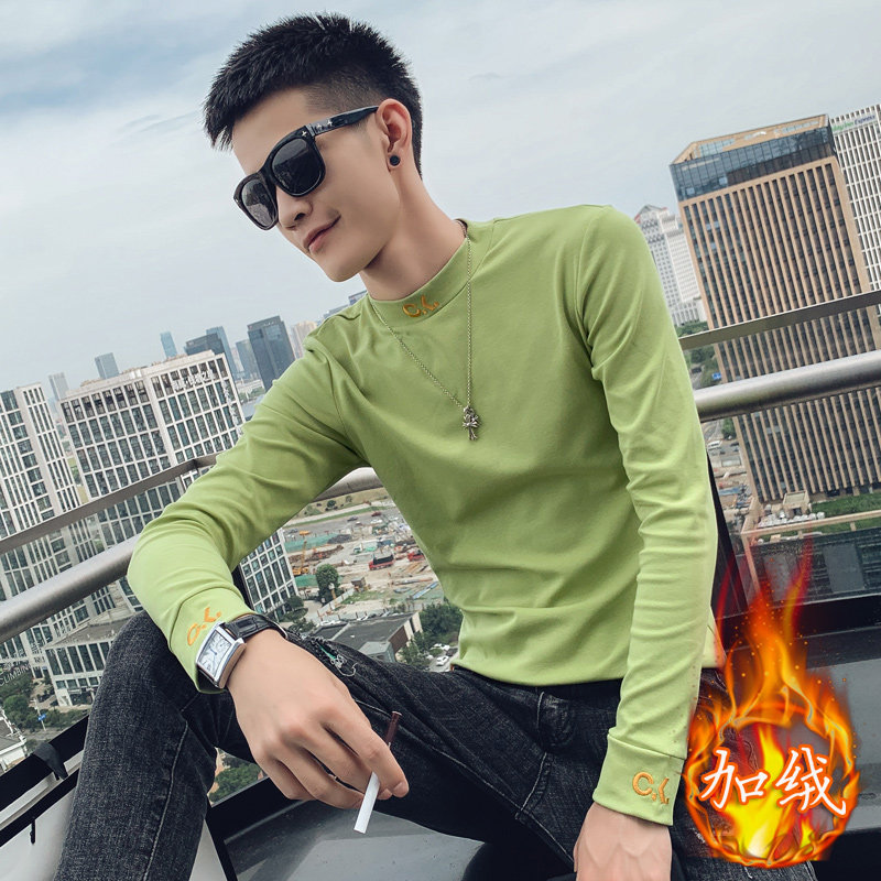 绿色 2021精神小伙修身男式绣花圆领长袖T恤T033加绒-P50控68图片
